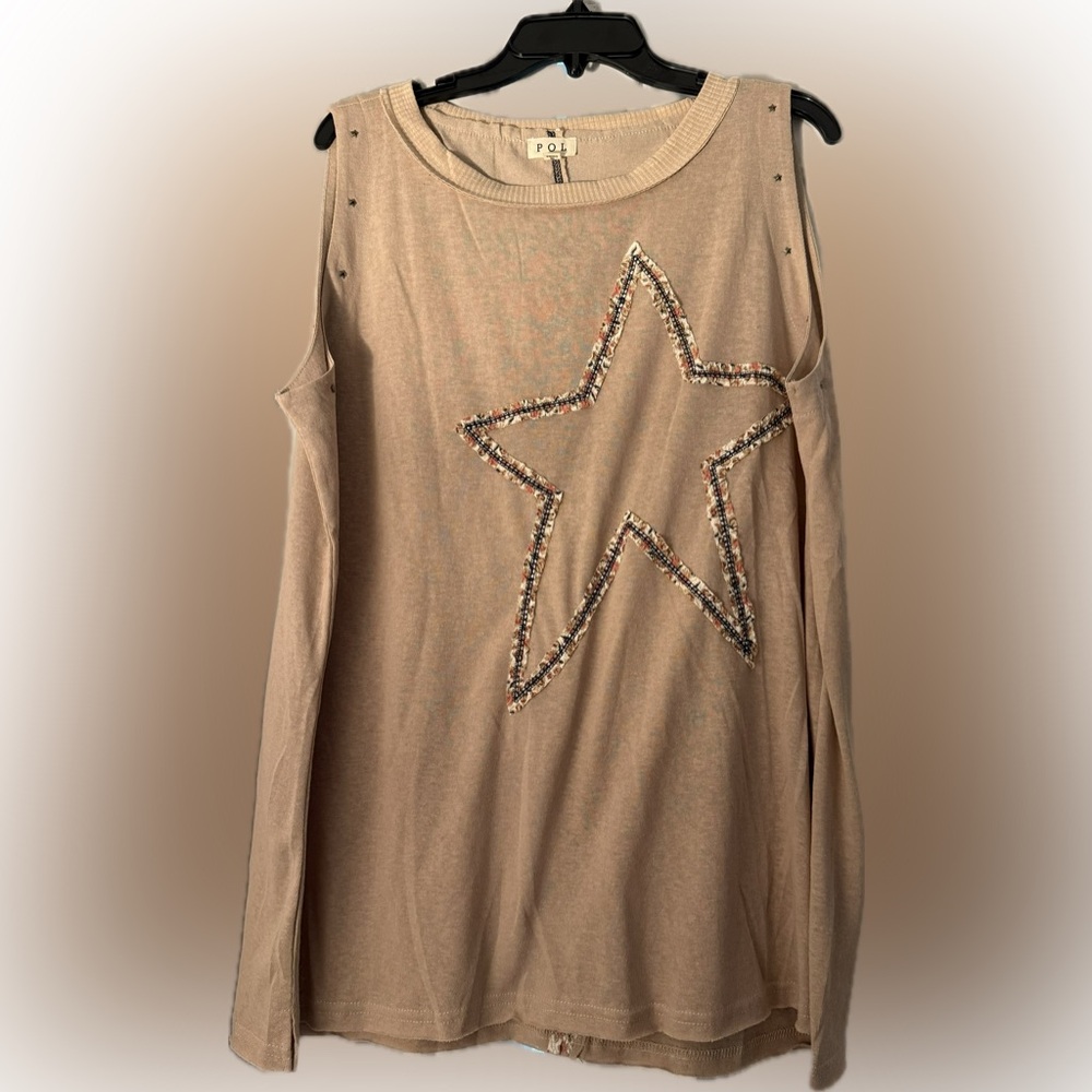 POL Tan Star Embellished Cutout Shoulder Blouse | Size L | NWOT